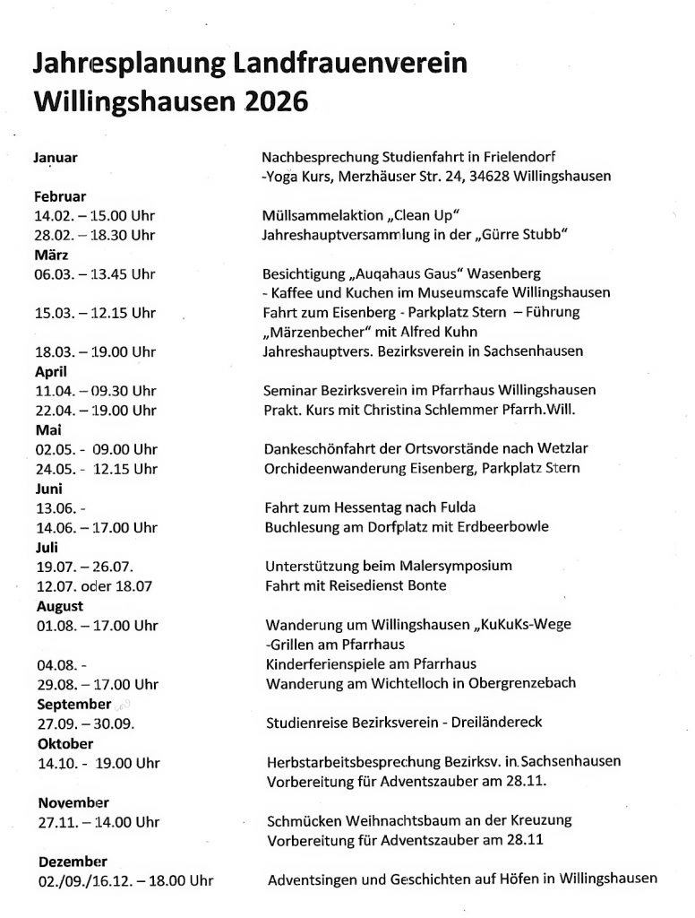 2026, Jahresprogramm Landfrauen Willingshausen